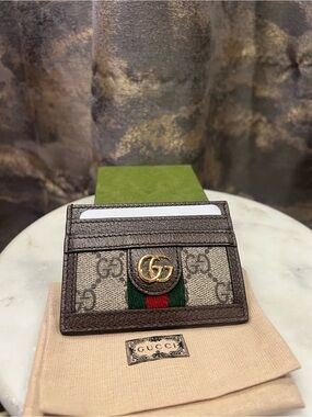 Gucci Brown GG Ophidia Card Holder with Green and Red Stripe